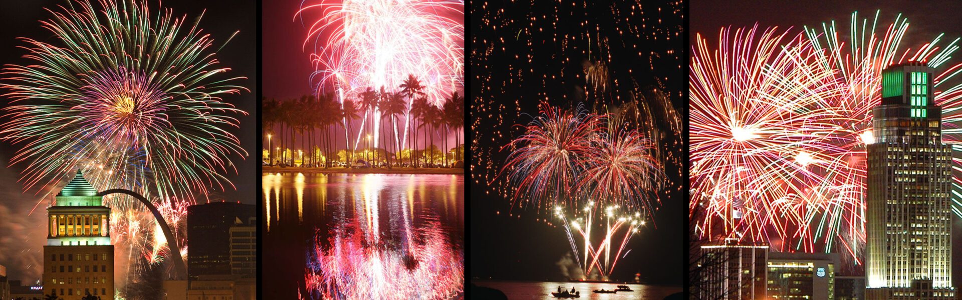 Two pictures of fireworks in the night sky.